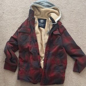 American Eagle Outfitters Red & Black Plaid Sherpa-Lined Hooded Jacket